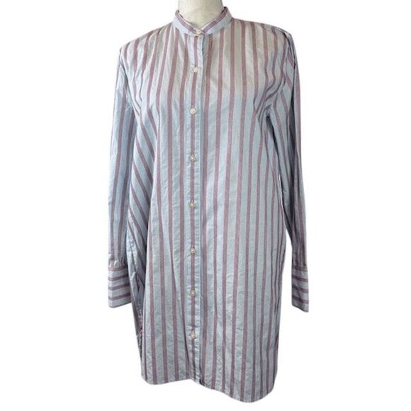 GAP Striped Boyfriend Long Tunic Shirt Blue Red Textured Mandarin Collar Medium - Picture 2 of 12